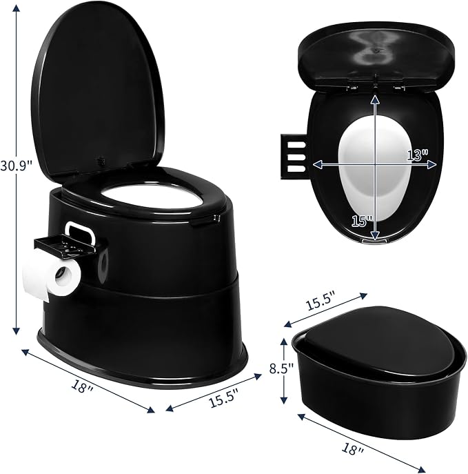 VINGLI Portable Detachable Camping Toilet | Splash-Proof Commode with Odor-Seal Lid | Compact Sanitation Solution for RV, Emergency, Outdoor Use, Black