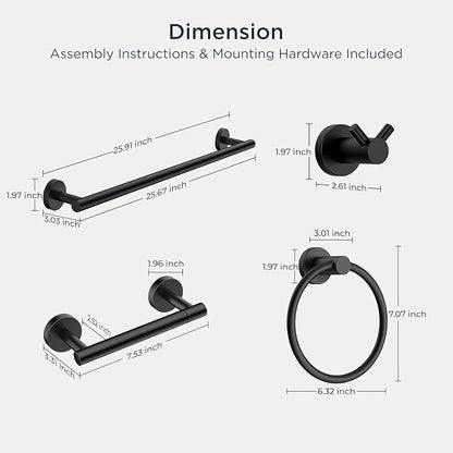 FORIOUS Bathroom Accessories, 8-Piece Bathroom Hardware Set - 24" Towel Bar | Matte Black | Towel Hooks, Towel Racks for Bathroom, Toilet Paper Holder Wall Mounted & Towel Ring | SUS304 Stainless Steel