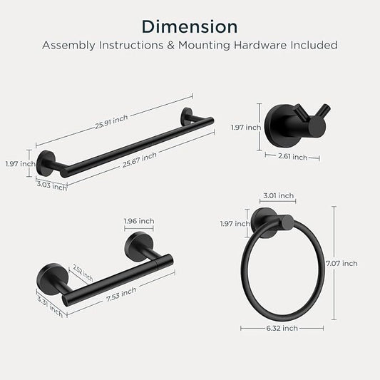FORIOUS Bathroom Accessories, 8-Piece Bathroom Hardware Set - 24" Towel Bar | Matte Black | Towel Hooks, Towel Racks for Bathroom, Toilet Paper Holder Wall Mounted & Towel Ring | SUS304 Stainless Steel