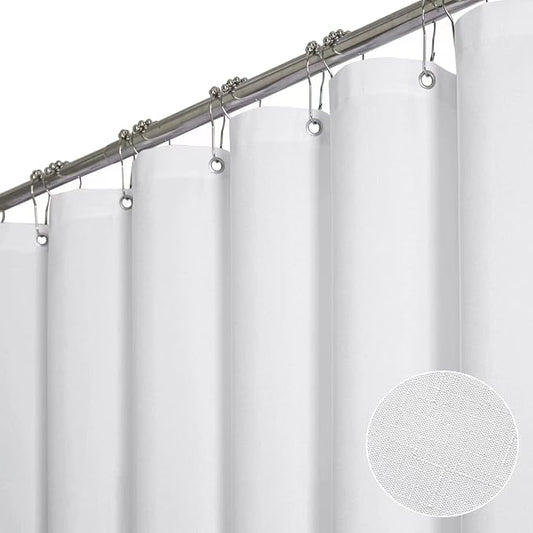 108x72 Linen Textured Waterproof Thick Cloth Shower Curtain Set, White | Extra Wide Size, 230GSM Polyester, Heavy Duty Fabric, Weighted Hem, 18 Plastic Hooks, Modern Hotel Style, Machine Washable