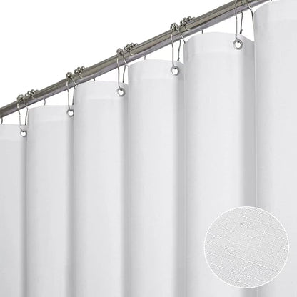 60x72 Linen Textured Waterproof Thick Fabric Shower Curtain Set, White | Narrow Size, 230GSM Polyester, Heavy Duty Cloth, Weighted Hem, 10 Plastic Hooks, Modern Luxury Hotel Style, Machine Washable