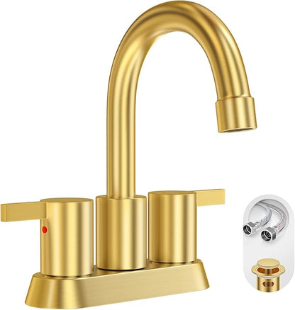 Brushed Gold 4 Inch 2 Handle Centerset Lead-Free Bathroom Faucet, Swivel Spout with Copper Pop Up Drain and 2 Water Supply Lines, BF015-1-BG