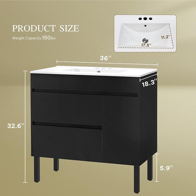 DWVO 36 Inch Bathroom Vanity with Sink | Bathroom Vanity Cabinet, Bathroom Storge Vanity Includes Adjustable Legs, Soft Closing Door, 2 Drawers & Drain