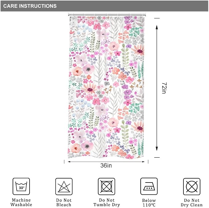 Small Stall Narrow Purple Floral Stand Up Half Bathroom Shower Curtain Set | 72"W x 72"H Single Flowers; waterproof HD print, quick-dry fabric with 12 hooks for easy hanging.