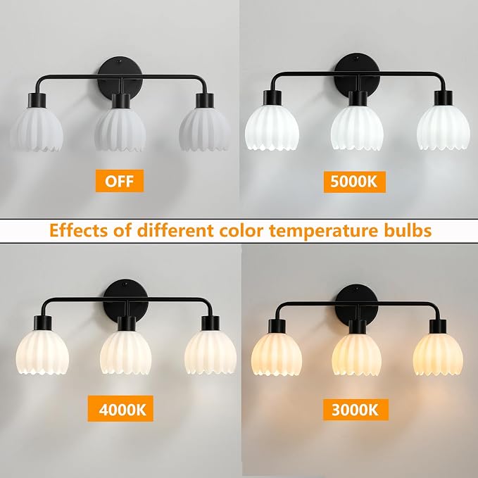 Black 3-Light Vanlity Light Over Mirror,Wall Sconces,Modern Bathroom Light Fixture with Milk White Glass Flower Shade,E26 Socket(Bulbs Not Included)