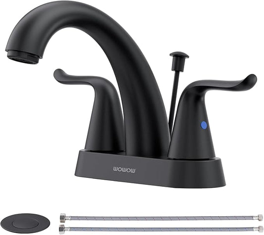 WOWOW Black Bathroom Faucet 2 Handle Bathroom Sink Faucet 4 inch Centerset Bathroom Faucets 3 Holes Lavatory Faucet with Lift Rod Drain Stopper Vanity Faucet Lead-Free Basin Mixer Tap Matte Black