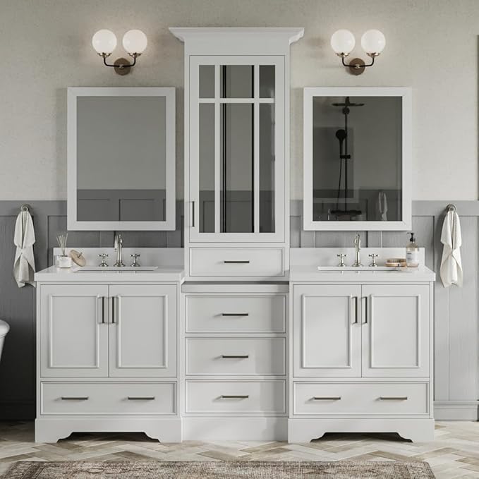 ARIEL Stafford 84-inch Bathroom Vanity with Sink,Solid Wood, 1.5-inch Pure White Quartz Countertop & Backsplash, Double Rectangular Porcelain Sink, 5 Soft Closing Doors, 6 Dovetail Drawers, White