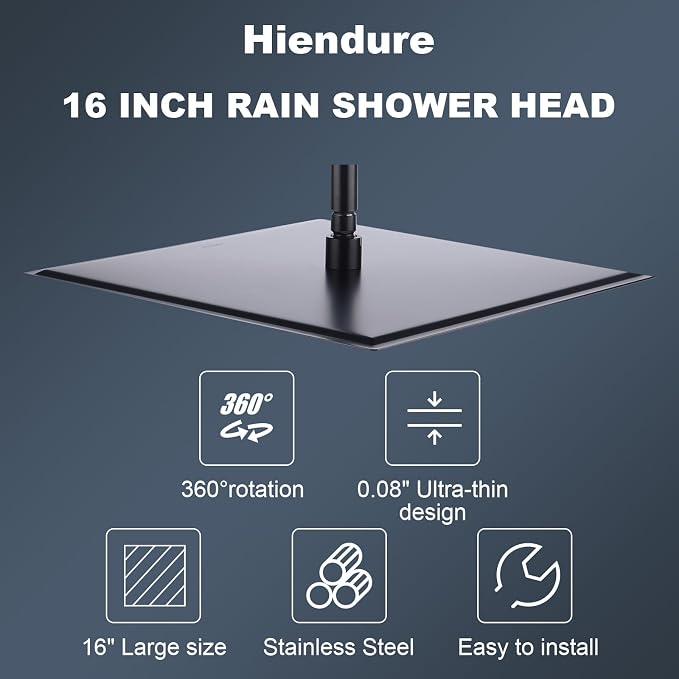 Shower Head,16 Inch Ultra Thin High Pressure Fixed Rain Showerhead Matte Black with Silicone Nozzle - Adjustable Metal Swivel Ball Joint - For the Best Relaxation and Spa