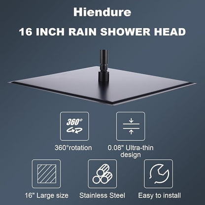 Shower Head,16 Inch Ultra Thin High Pressure Fixed Rain Showerhead Matte Black with Silicone Nozzle - Adjustable Metal Swivel Ball Joint - For the Best Relaxation and Spa