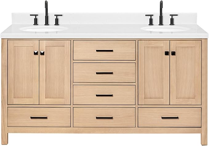 ARIEL Cambridge 66-inch Bathroom Vanity with Sink,Solid Wood, 1.5-inch Carrara White Quartz Countertop & Backsplash, Double Oval Porcelain Sink, 4 Soft Closing Doors, 6 Dovetail Drawers, White Oak