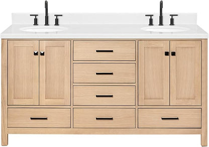 ARIEL Cambridge 66-inch Bathroom Vanity with Sink,Solid Wood, 1.5-inch Carrara White Quartz Countertop & Backsplash, Double Oval Porcelain Sink, 4 Soft Closing Doors, 6 Dovetail Drawers, White Oak