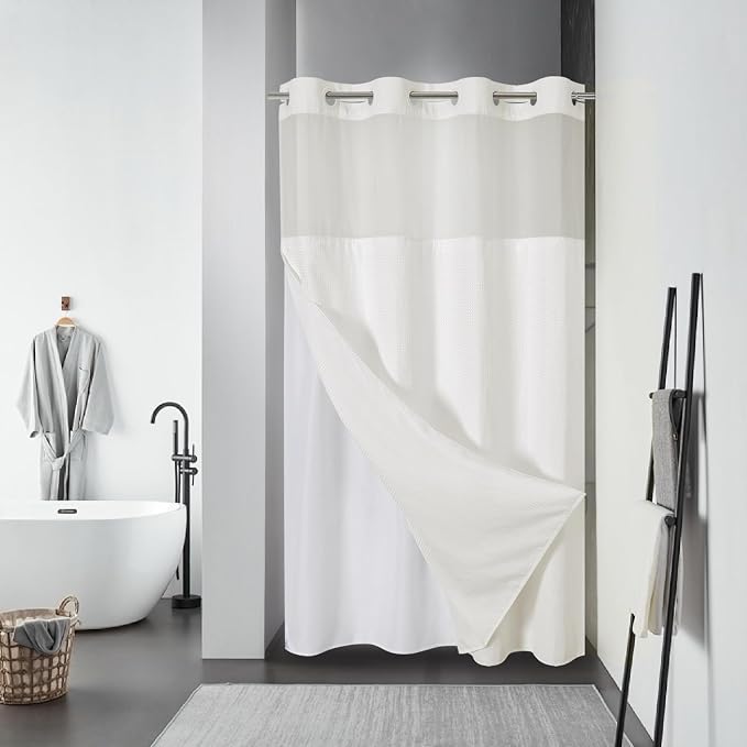 eachope No Hook Waffle Shower Curtain with Snap-in Liner, 54x80 Inch, Cream | 230GSM waffle weave fabric, waterproof liner set with 2 bottom magnets, mesh window, washable, for shower stalls or bathrooms