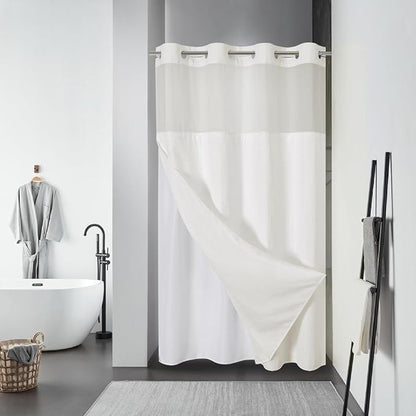 eachope No Hook Waffle Shower Curtain with Snap-in Liner, 54x80 Inch, Cream | 230GSM waffle weave fabric, waterproof liner set with 2 bottom magnets, mesh window, washable, for shower stalls or bathrooms