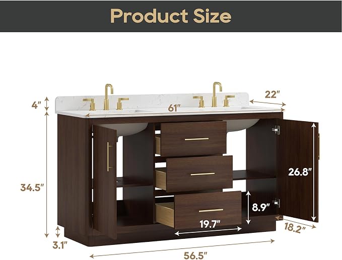 60"Bathroom Vanity with Double Sink,Ceramic Sink Vanity with Engineered Stone Countertop,Wood Frame Bathroom Storage Cabinet No Installation Required& Soft Closing Drawers, Light Walnut