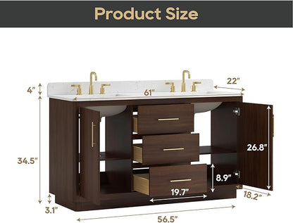 60"Bathroom Vanity with Double Sink,Ceramic Sink Vanity with Engineered Stone Countertop,Wood Frame Bathroom Storage Cabinet No Installation Required& Soft Closing Drawers, Light Walnut