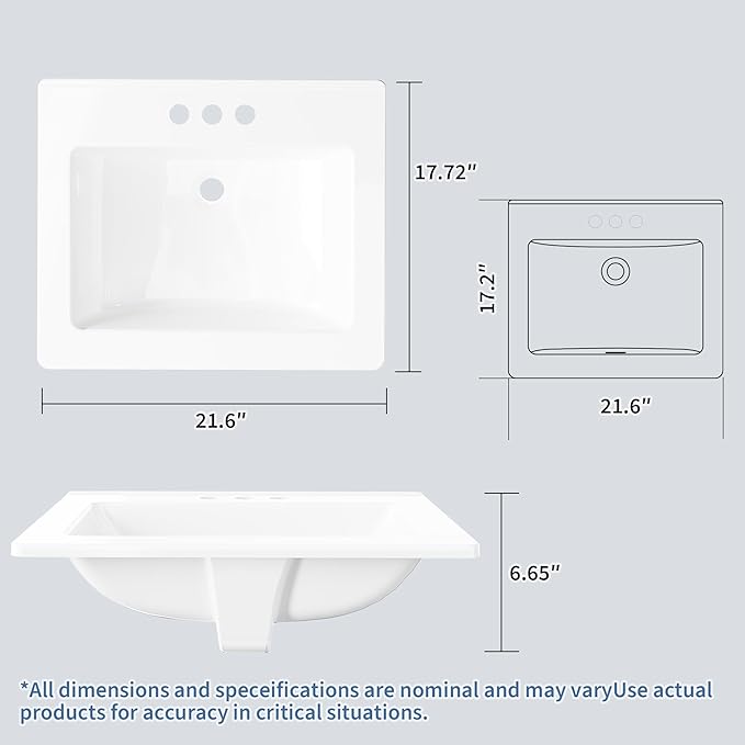 20X17 Inch White Ceramic Drop-in Bathroom Sink, Oval Vanity Top with & 3-Hole Faucet (1.25" Centers), CUPC Certified Contemporary Lavatory for Small Spaces