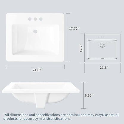 20X17 Inch White Ceramic Drop-in Bathroom Sink, Oval Vanity Top with & 3-Hole Faucet (1.25" Centers), CUPC Certified Contemporary Lavatory for Small Spaces