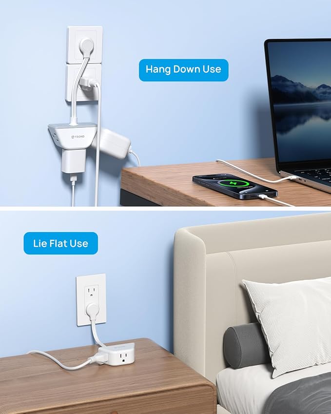 TROND Flat Outlet Extender with 6 Inch Cord for Tight Spaces | 3 Way Angled Plug Extension Outlet Adapter, Cruise Ship Essentials, Small Multiple Plug Splitter for Home Office, White