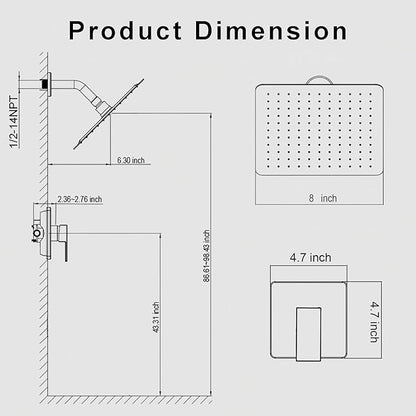 Shower Faucet Set, 8 Inch Square Wall Mounted Rainfall Shower Head with Rough-in Valve Body, Modern Bathroom Shower Trim Kit, Stainless Steel Single Function RV Shower System (Chrome)