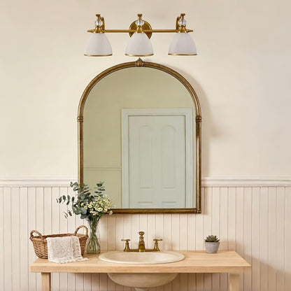 Bathroom Light Fixture, 3-light Brass Vanity Light, Vintage Bathroom Lights Over Mirror with Crystal Beads, Wall Sconce Lighting with Frosted Milky Glass Shade, E26 Base (Bulbs Not Included)