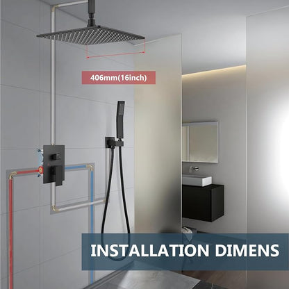 Aolemi Ceiling Shower Faucet Set with Handheld 16" LED Head Matte Black | Handheld Spray,16 Inch Rain LED Head,Shower Valve and Trim Kit,All Metal,Ceiling System,Bathroom Mixer