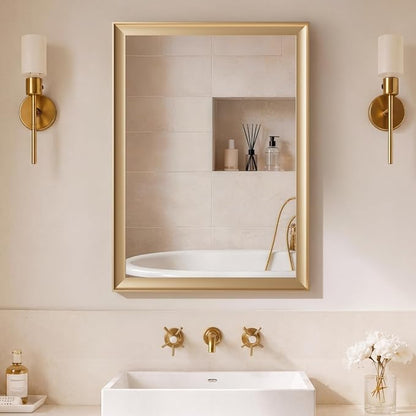 Gold Bathroom Mirror 22x30 Inch, Rectangle Vanity Mirror | Brushed Gold Bathroom Mirror for over sink, Bedroom, Entryway, Living Room, Aluminum Alloy Framed, Curved Wide Edge