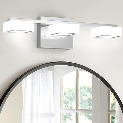 LED Modern Bathroom Light Fixtures Over Mirror, 3-Light Dimmable Vanity Lights, Chrome Acrylic Bathroom Vanity Light, 2700K-6500K Adjustable, ETL Certificated
