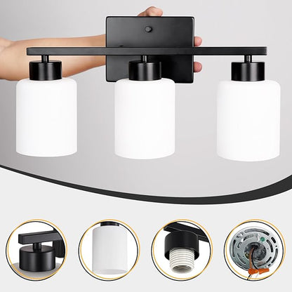 Black Bathroom Light Fixtures, 3-Light Modern Vanity Light Over Mirror, Wall Sconces with Milky White Frosted Glass Shades, E26 Socket (Bulbs Not Included)