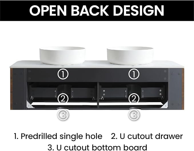 60" Preassembled Double Floating Bathroom Vanity with Round Sink, Walnut | Mid-Century Modern Style, Fluted & Soft-Close Drawer with U-shaped Wall, Sinterted Stone Countertop, Towel Rack Included