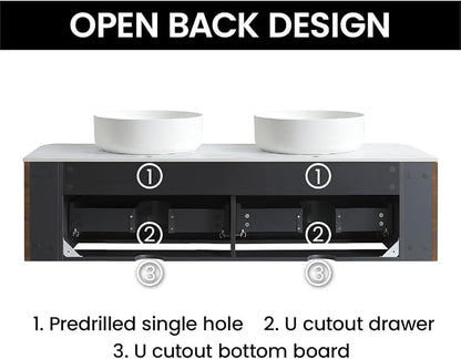 60" Preassembled Double Floating Bathroom Vanity with Round Sink, Walnut | Mid-Century Modern Style, Fluted & Soft-Close Drawer with U-shaped Wall, Sinterted Stone Countertop, Towel Rack Included