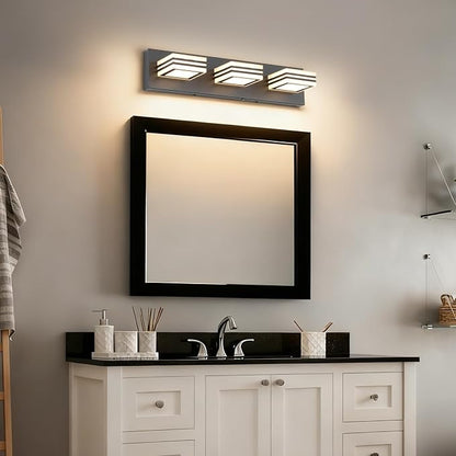 SOLFART LED Bathroom Vanity Light Fixtures： 3 Light Matte Black Modern Acrylic Bathroom Wall Lighting Fixtures Over Mirror 5CCT