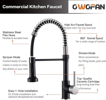 OWOFAN Low Lead Modern Single Handle Pull Down Sprayer Spring Kitchen Faucet, Brass Black&Brushed Nickel Kitchen Sink Faucets