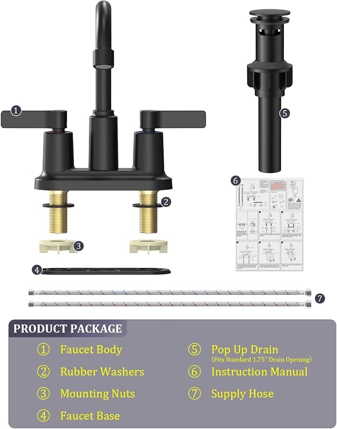 2 Pack Matte Black 4 Inch Centerset Bathroom Sink Faucet 3 Hole | Faucet for Bath Sink with Pop Up Drain and 2 Supply Hoses 2 Handle Bathroom Faucets for Sink Vanity RV Evolvegoods