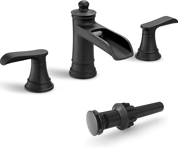 4-16 Inch Widespread Black Bathroom Faucet 3 Hole, Brass Waterfall Bathroom Sink Faucet 2 Handles with Pop-up Drain & cUPC Water Hoses for Vanity, Farmhouse, Lavatory