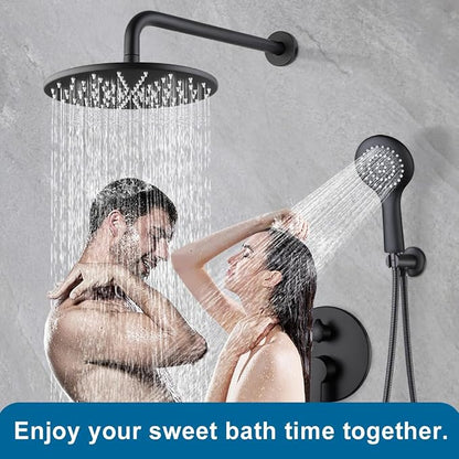 All Metal Black Shower Faucet Set, 10 Inch Round Shower Head and Handle Set, Bathroom Rainfall Shower System, Wall Mounted Shower Fixtures, Include Shower Valve and Trim Kit