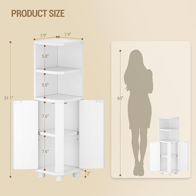 Corner Cabinet, Small Bathroom Corner Cabinet with Doors, Narrow Storage Cabinets with Adjustable Shelves, Bathroom Organizers and Storage for Small Space, White BC20003X