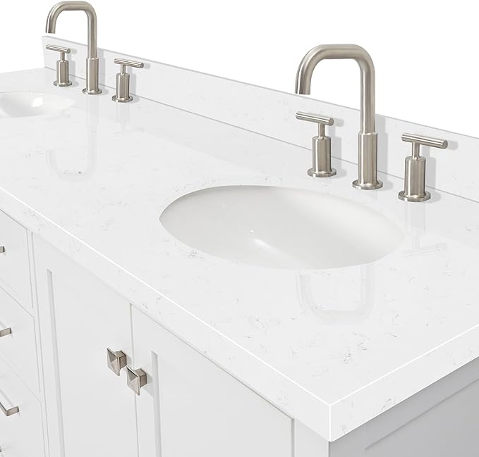 ARIEL Cambridge 72-inch Bathroom Vanity with Sink,Solid Wood, 1.5-inch Carrara White Quartz Countertop & Backsplash, Double Oval Porcelain Sink, 4 Soft Closing Doors, 6 Dovetail Drawers, White