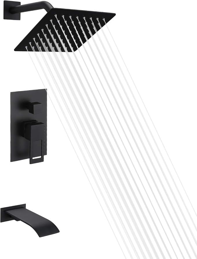 SUMERAIN Matte Black Tub and Shower Faucet Set | Anti-scalding Pressure Balance Valve, Waterfall Tub Spout, 8 Inch Rain Shower Head, With Non-return Check Valves