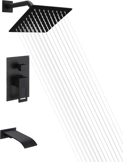 SUMERAIN Matte Black Tub and Shower Faucet Set | Anti-scalding Pressure Balance Valve, Waterfall Tub Spout, 8 Inch Rain Shower Head, With Non-return Check Valves