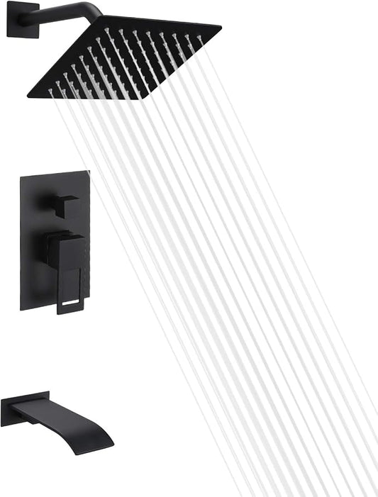 SUMERAIN Matte Black Tub and Shower Faucet Set | Anti-scalding Pressure Balance Valve, Waterfall Tub Spout, 8 Inch Rain Shower Head, With Non-return Check Valves