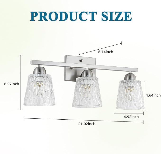 Mecgirn Stainless Steel Bathroom Vanity Light Over Mirror, 3 Light Brushed Nickel Bathroom Light Fixtures with Textured Glass Shades, Modern Vanity Lighting Wall Mount