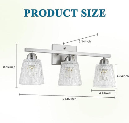 Mecgirn Stainless Steel Bathroom Vanity Light Over Mirror, 3 Light Brushed Nickel Bathroom Light Fixtures with Textured Glass Shades, Modern Vanity Lighting Wall Mount