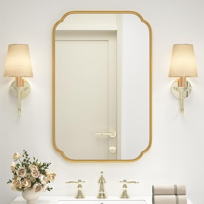 SMIROR 24x36 Gold Scalloped Corner Bathroom Vanity Mirror for Wall | Metal Frame, Scalloped Rectangle, Anti-Rust, Horizontally or Vertically Mounted