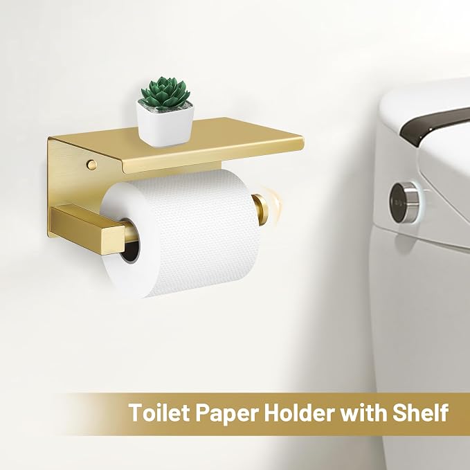 TURS 5-Pieces Brushed Gold Bathroom Hardware Set 23.6 Inch SUS304 Stainless Steel Towel Bar Set Wall Mounted Square Toilet Paper Holder with Shelf