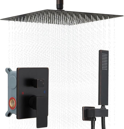 12 Inch Ceiling Mount Oil Rubbed Bronze Shower System Bathroom Luxury Rain Mixer Shower Combo Set Ceiling Rainfall Shower Head System (Contain Shower Faucet Rough-in Valve Body and Trim Kit)