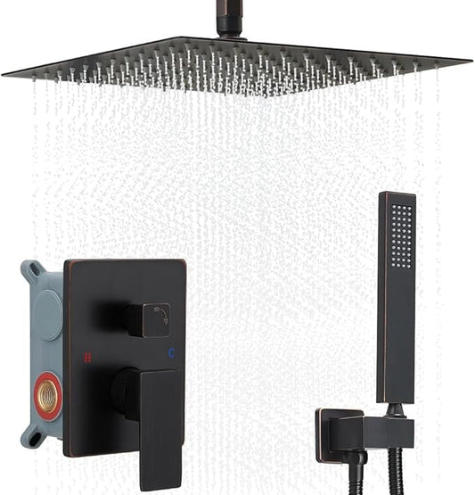 12 Inch Ceiling Mount Oil Rubbed Bronze Shower System Bathroom Luxury Rain Mixer Shower Combo Set Ceiling Rainfall Shower Head System (Contain Shower Faucet Rough-in Valve Body and Trim Kit)