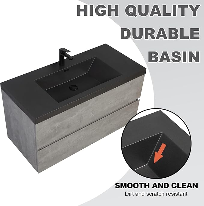Wall Mounted 42 Inch Bathroom Vanity with Sink, Floating Vanity Bathroom, Single Sink Bathroom Vanity, 2 Drawers, Resin Integrated Sink (Dark Birch)