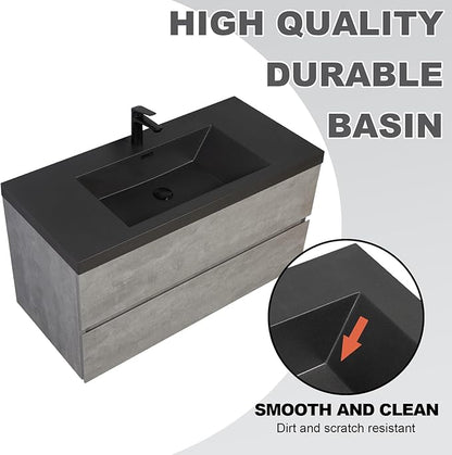Wall Mounted 42 Inch Bathroom Vanity with Sink, Floating Vanity Bathroom, Single Sink Bathroom Vanity, 2 Drawers, Resin Integrated Sink (Dark Birch)