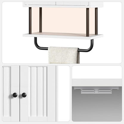 HOOBRO Bathroom Wall Cabinet, Modern Medicine Cabinet with Open and Adjustable Shelf, Over The Toilet Storage Cabinet with Towel Bar, Wall Mounted Organizer for Bathroom, Kitchen, White and Black