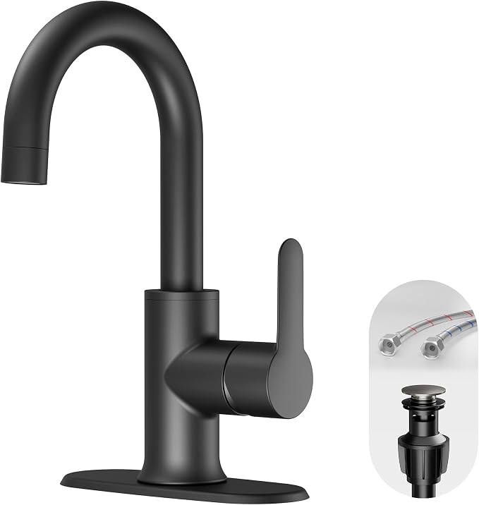 VXV Black Bathroom faucets Single Handle 360° Swivel Gooseneck Spout Optional Deckplate Bar Sink Faucet with Pop-up Drain and Hoses Matte Black